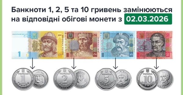 Відсьогодні банкноти 1, 2, 5 та 10 гривень вийшли з обігу